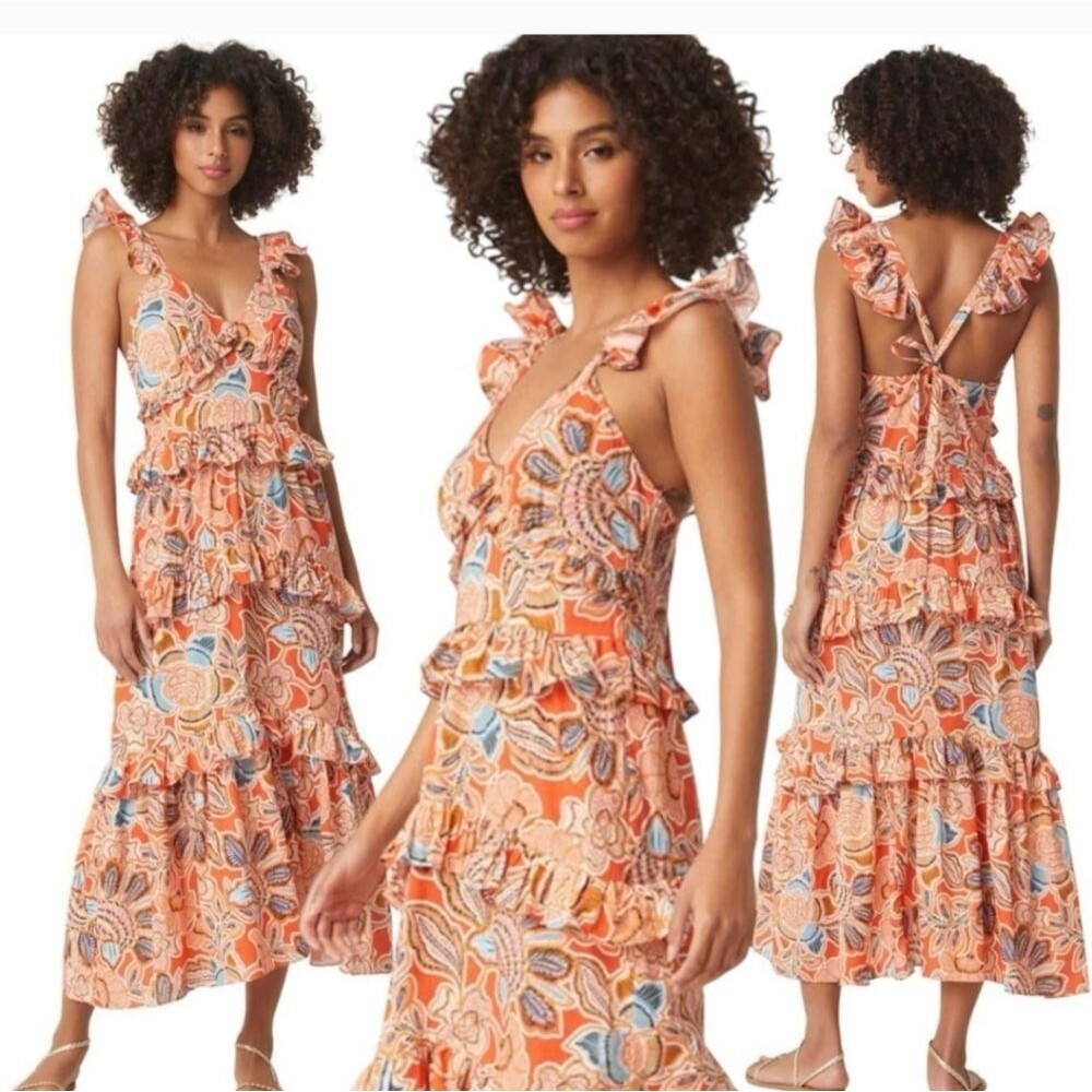 MISA Morrison Tangerine Floral Ruffled Tiered Midi Dress size XL